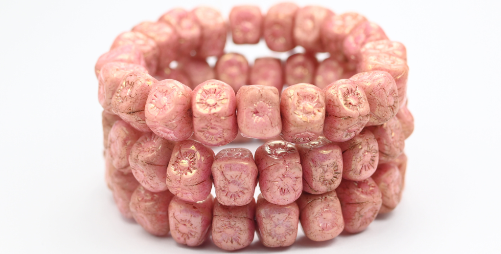 Flower In Cube Beads, White Luster Red Full Coated (02010-14495), Glass, Czech Republic ~ STRANDED