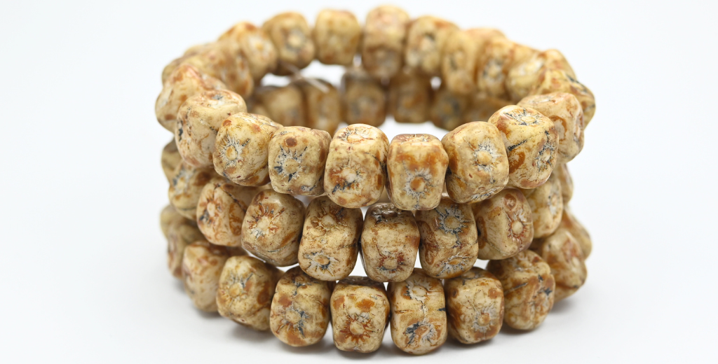 Flower In Cube Beads, White 86800B (02010-86800B), Glass, Czech Republic ~ STRANDED