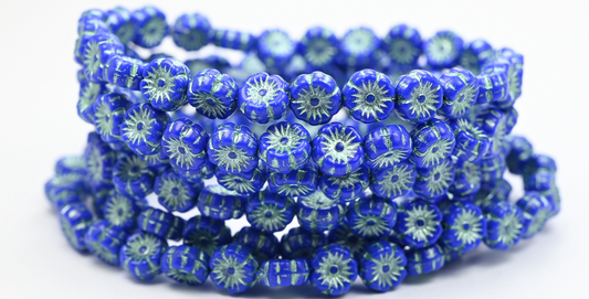 Hawaii Flower Pressed Glass Beads, Opaque Blue Green Lined (33050-54322), Glass, Czech Republic ~ STRANDED