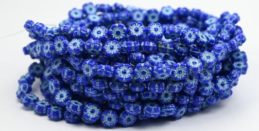 Hawaii Flower Pressed Glass Beads, Opaque Blue Light Aqua Blue (33050-34308), Glass, Czech Republic ~ STRANDED