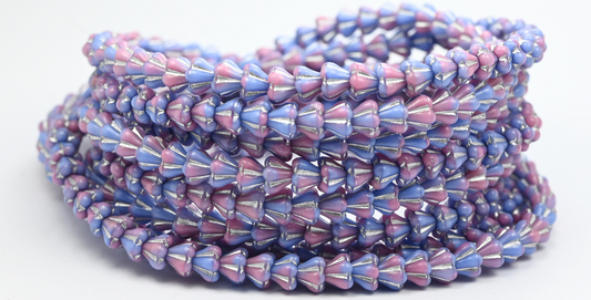 Bell Flower Pressed Glass Beads, Mix Blue Pink Opaque Silver Lined (37724-54201), Glass, Czech Republic ~ STRANDED