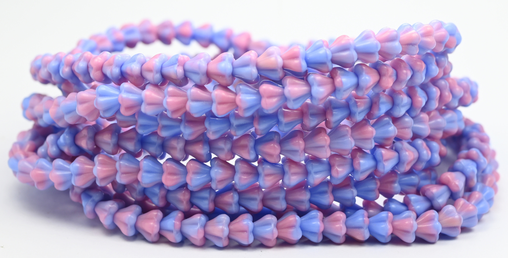 Bell Flower Pressed Glass Beads, Mix Blue Pink Opaque (37724), Glass, Czech Republic ~ STRANDED