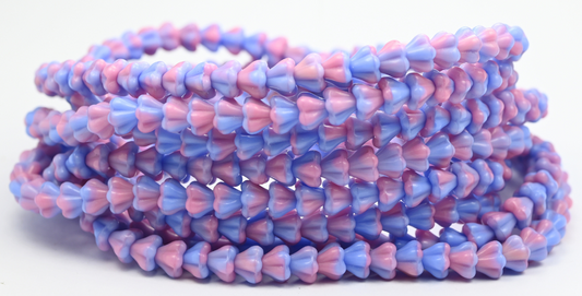 Bell Flower Pressed Glass Beads, Mix Blue Pink Opaque (37724), Glass, Czech Republic ~ STRANDED