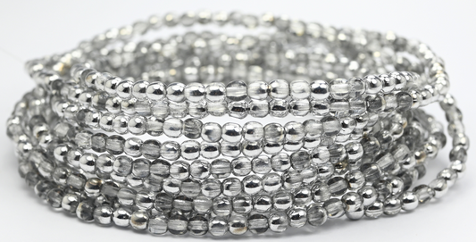 Round Pressed Glass Beads Druck, Crystal Crystal Silver Half Coating (00030-27001), Glass, Czech Republic ~ STRANDED