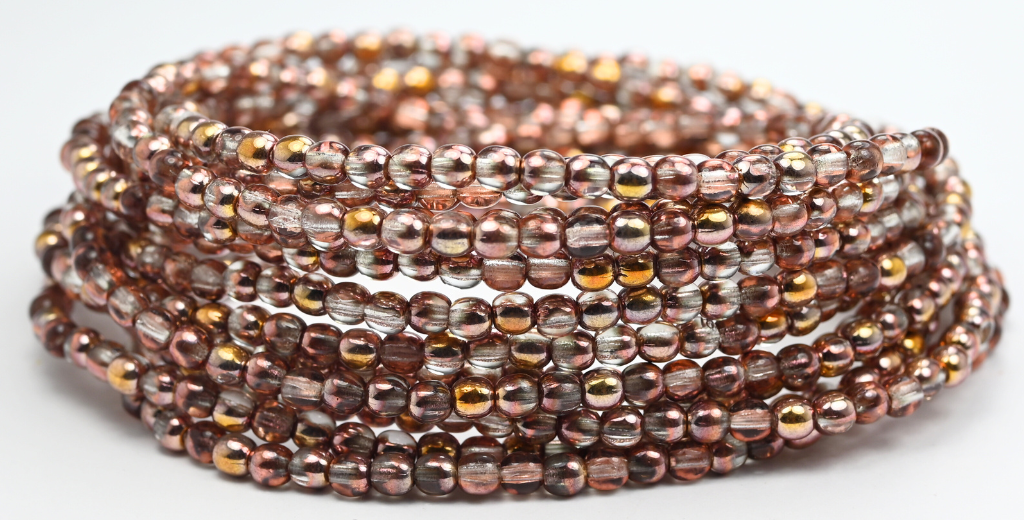 Round Pressed Glass Beads Druck, Crystal Rose Gold Capri (00030-27101), Glass, Czech Republic ~ STRANDED