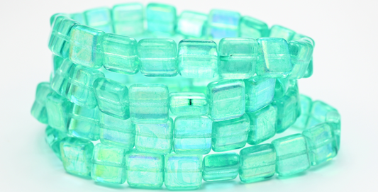 Flat Square Pressed Glass Beads, Crystal Light Turquoise Ab (00030-34309-AB), Glass, Czech Republic ~ STRANDED