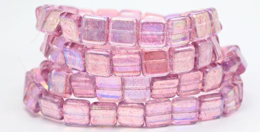 フラットスクエアプレスガラスビーズ、クリスタルライトフクシアピンクAB（00030-34306-AB）、ガラス、チェコ共和国〜STRANDED