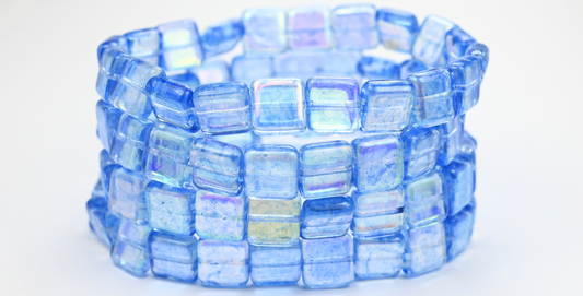 Flat Square Pressed Glass Beads, Crystal Light Blue Ab (00030-34307-AB), Glass, Czech Republic ~ STRANDED