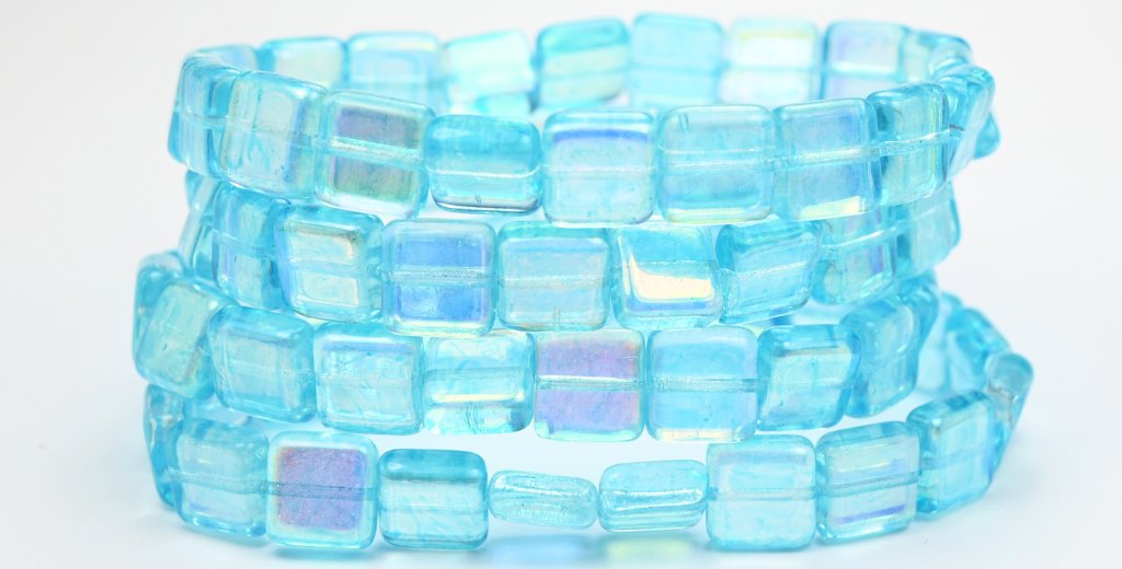 Flat Square Pressed Glass Beads, Crystal Light Aqua Blue Ab (00030-34308-AB), Glass, Czech Republic ~ STRANDED