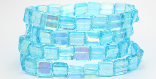 Flat Square Pressed Glass Beads, Crystal Light Aqua Blue Ab (00030-34308-AB), Glass, Czech Republic ~ STRANDED