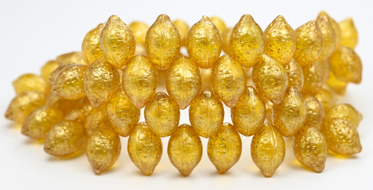 Lemon Friut Pressed Glass Beads, Transparent Yellow Gold Splash (80010-86720), Glass, Czech Republic ~ STRANDED