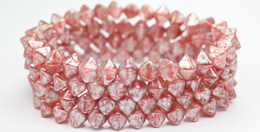 扁平双锥压制珠，红银混合色飞溅 (MIX-RED-86700)，玻璃，捷克共和国 ~ STRANDED