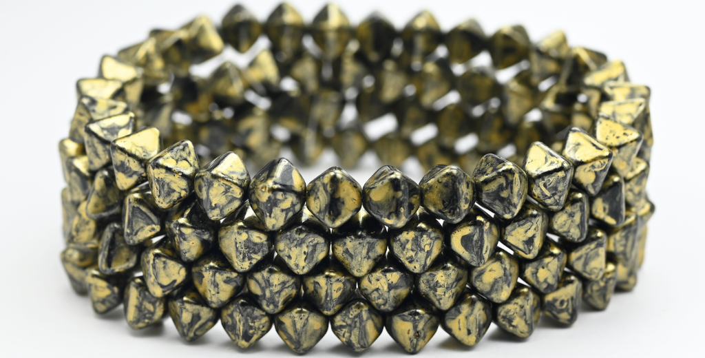 平らな双円錐形のプレスビーズ、ブラックゴールドスプラッシュ（23980-86720）、ガラス、チェコ共和国～STRANDED