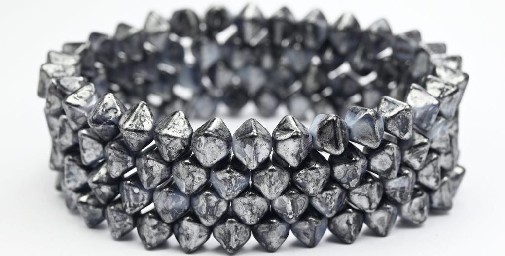 扁平双锥压制珠，棕白线银溅 (17025-LINE-86700)，玻璃，捷克共和国 ~ STRANDED