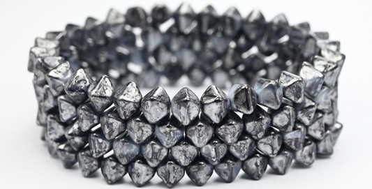 Flattened Bicone Pressed Beads, Brown White Line Silver Splash (17025-LINE-86700), Glass, Czech Republic ~ STRANDED