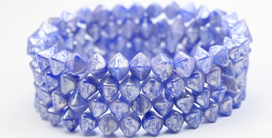 アウトレット 10グラム バイコーンビーズ、7 x 8 mm、ミックスカラー ブルー シルバー スプラッシュ (MIX-BLUE-86700)、ガラス、チェコ共和国