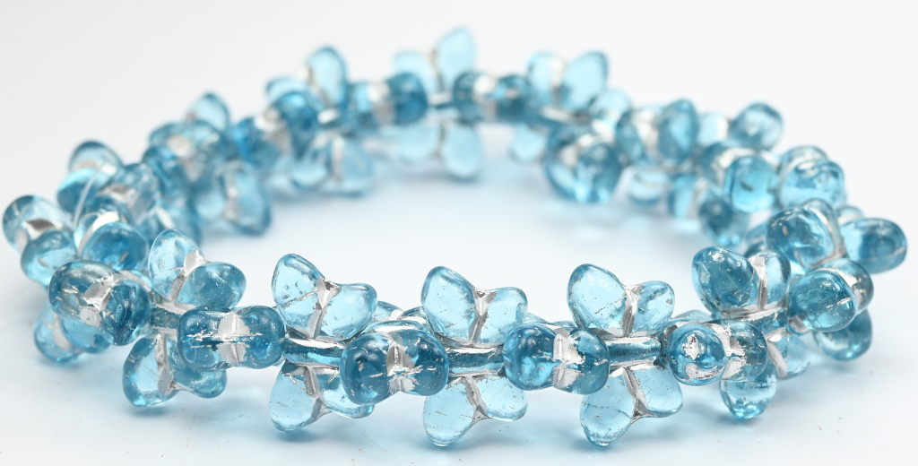 シンプルなバタフライプレスガラスビーズ、透明アクアシルバーライン（60000-54201）、ガラス、チェコ共和国〜STRANDED