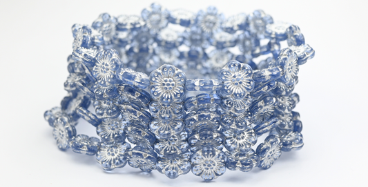 アウトレット 10グラム フラワープレスガラスビーズ、14 x 14 mm、透明ブルーシルバーライン（30020-54201）、ガラス、チェコ共和国