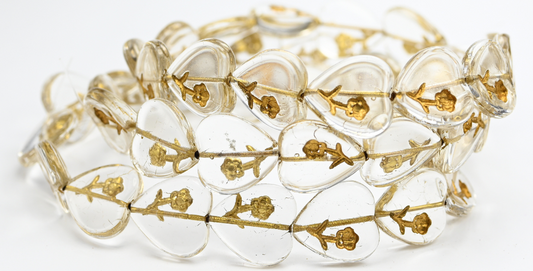 心形压花玻璃珠，水晶镀金 (00030-54202)，玻璃，捷克共和国 ~ STRANDED