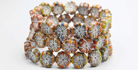 Hawaii Flower Pressed Glass Beads, Mixed Colors Brown White Lined (MIX-BROWN-46401), Glass, Czech Republic ~ STRANDED