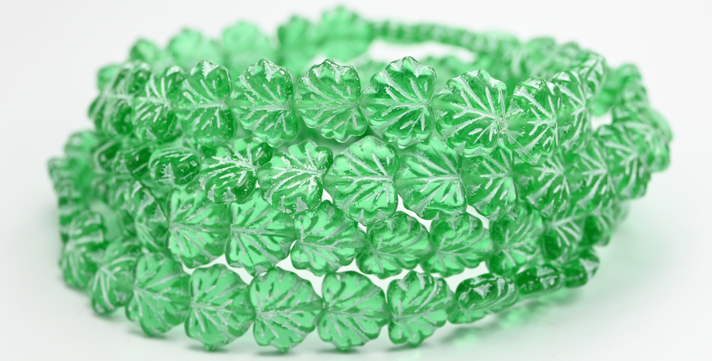 Maple Leaf Beads, Transparent Green Emerald White Lined (50700-46401), Glass, Czech Republic ~ STRANDED