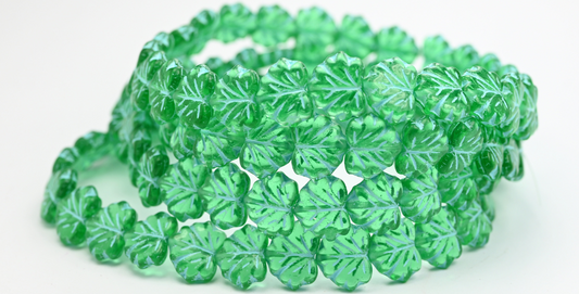 Maple Leaf Beads, Transparent Green Emerald Light Blue Lined (50700-54308), Glass, Czech Republic ~ STRANDED