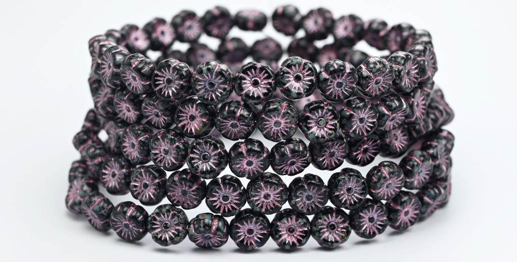 Hawaii Flower Pressed Glass Beads, Black Travertin Pink Lined (23980-86-54321), Glass, Czech Republic ~ STRANDED