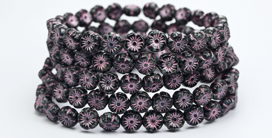 Hawaii Flower Pressed Glass Beads, Black Travertin Pink Lined (23980-86-54321), Glass, Czech Republic ~ STRANDED