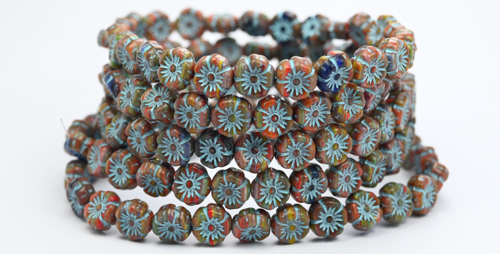 夏威夷花压制玻璃珠，棕色混色浅蓝色内衬 (BROWN-MIX-54308)，玻璃，捷克共和国 ~ STRANDED