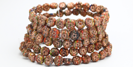 Hawaii Flower Pressed Glass Beads, Brown Mixed Colors Copper Lined (BROWN-MIX-54200), Glass, Czech Republic ~ STRANDED