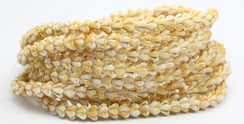 钟花压制玻璃珠，深米色金色内衬 (07193-54202)，玻璃，捷克共和国 ~ STRANDED