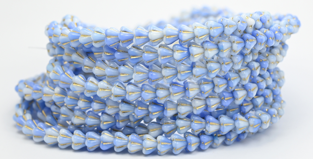 Bell Flower Pressed Glass Beads, Blue White Gold Lined (07624-54202), Glass, Czech Republic ~ STRANDED