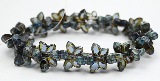 アウトレット 5グラム テーブルカットバタフライビーズ、20 x 12 mm、透明ブルートラバーチン（30010-86800）、ガラス、チェコ共和国