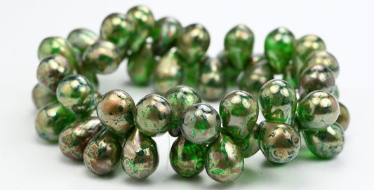 梨形泪滴压制玻璃珠，50600 Rembrandt Travertin (50600-43500)，玻璃，捷克共和国 ~ STRANDED