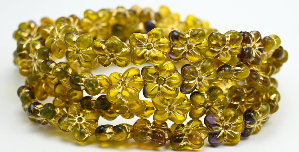 Flower Pressed Glass Beads, Yellow-Purple Transparent Gold Lined (80042004-54202), Glass, Czech Republic ~ STRANDED