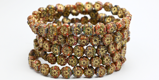Hawaii Flower Pressed Glass Beads, Brown Mixed Colors Gold Lined (BROWN-MIX-54202), Glass, Czech Republic ~ STRANDED
