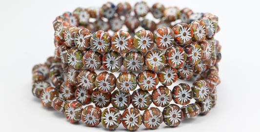 Hawaii Flower Pressed Glass Beads, Brown Mixed Colors White Lined (BROWN-MIX-46401), Glass, Czech Republic ~ STRANDED