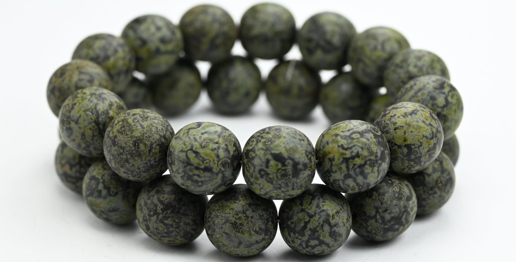 Round Pressed Glass Beads Druck, Black Travertin Matte (23980-86800-M), Glass, Czech Republic ~ STRANDED