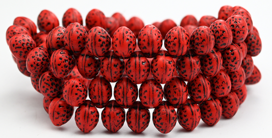 Strawberry Friut Pressed Glass Beads, Red Black Lined (93190-54313), Glass, Czech Republic ~ STRANDED