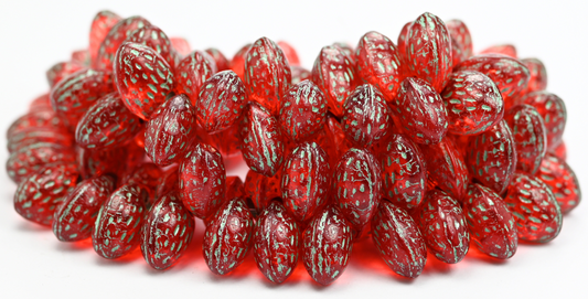 Strawberry Friut Pressed Glass Beads, Transparent Red Green Lined (90060-54322), Glass, Czech Republic ~ STRANDED
