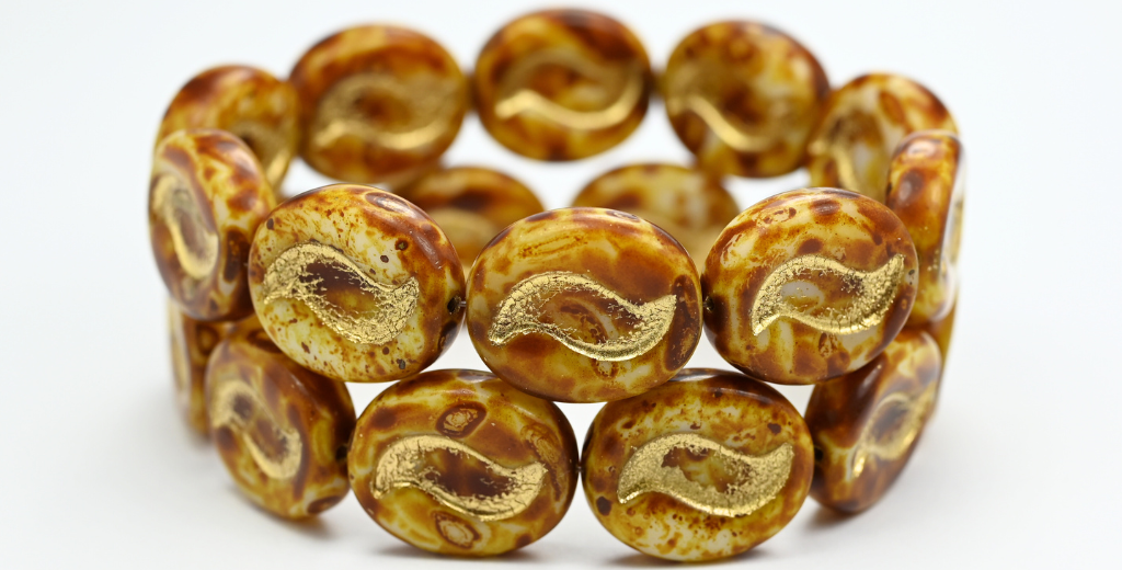 Oval With Tilda Pressed Glass Beads, White Travertin Gold Lined (02010-86800-54202), Glass, Czech Republic ~ STRANDED