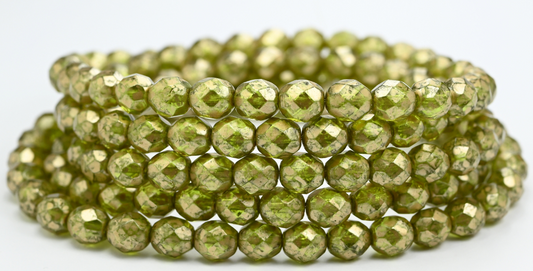 火抛光圆形刻面珠，透明绿金飞溅 (50500-86720)，玻璃，捷克共和国 ~ STRANDED
