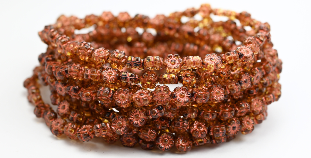 Hawaii Flower Pressed Glass Beads, Crystal Travertin Copper Lined (00030-86800-55307), Glass, Czech Republic ~ STRANDED