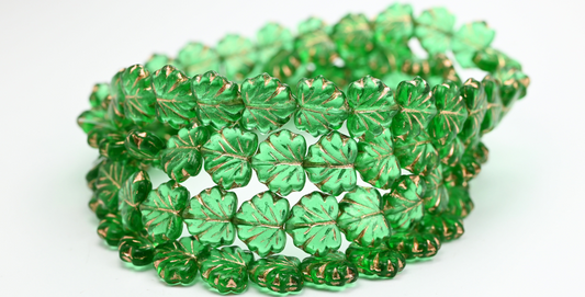 Maple Leaf Beads, Transparent Green Emerald Copper Lined (50700-54200), Glass, Czech Republic ~ STRANDED
