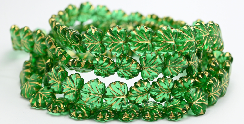 Maple Leaf Beads, Transparent Green Emerald Gold Lined (50700-54202), Glass, Czech Republic ~ STRANDED