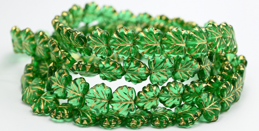 Maple Leaf Beads, Transparent Green Emerald Gold Lined (50700-54202), Glass, Czech Republic ~ STRANDED