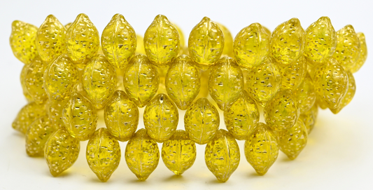 Lemon Friut Pressed Glass Beads, Transparent Yellow Gold Lined (80040-54202), Glass, Czech Republic ~ STRANDED
