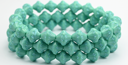 灯笼压制玻璃珠，绿松石色浅蓝色内衬 (63130-54308)，玻璃，捷克共和国 ~ STRANDED