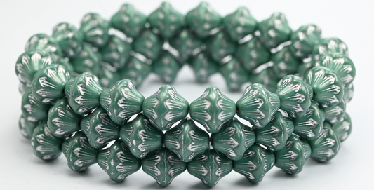 灯笼压制玻璃珠，绿松石色银衬 (63130-54201)，玻璃，捷克共和国 ~ STRANDED