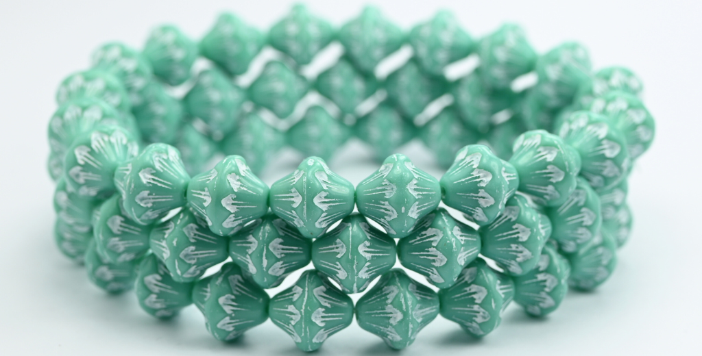 ランタンプレスガラスビーズ、ターコイズホワイトライン（63130-46401）、ガラス、チェコ共和国～STRANDED